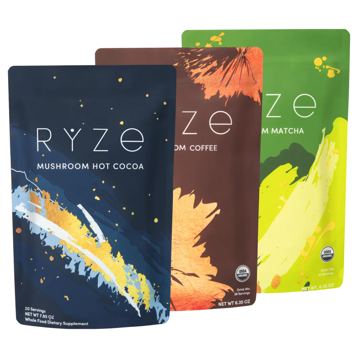 RYZE Ultimate Day & Night Bundle - Coffee & Matcha & Cocoa, Mushroom Drink Mix Set